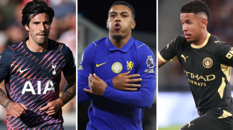 Sandro Tonali, Morgan Rogers and Savinho are shown in Tottenham, Chelsea and Manchester City shirts