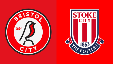 The club badges of Bristol City and Stoke City side by side on a red background
