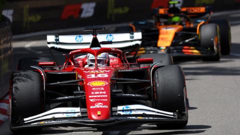 Ferrari's Charles Leclerc with McLaren's Lando Norris behind during Monaco Grand Prix practice