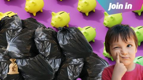 Photoshop of child looking thoughful and money hidden amongst rubbish bags