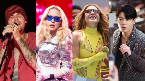 A composite of four photos. A man with an open red sleeveless hooded sweatshirt and tatoos on arms and chests, a woman wearing a silver jacket and blue sunglasses with blond hair, a woman wearing a yellow sleeveless top and sunglasses and a man with black hair wearing a grey suit jacket.
