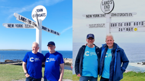 Mark and Quentin Stacy standing next to sign at John O'Groats (left) and Land's End (right) both wearing Cancer Research UK t-shirts