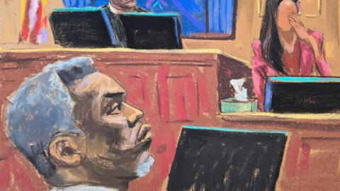 Sean "Diddy" Combs listens as "Jane" continues her testimony during Combs' sex trafficking trial in New York City, 