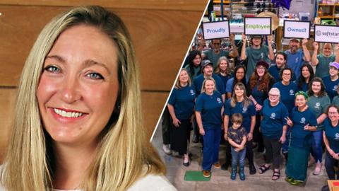 Split image of Tricia Salcido (left) and her staff at Softstar Shoes (right)