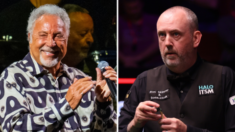 Tom Jones claps during a concert (left) and Mark Williams (right) chalks his cue