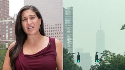 A woman with dark hair and a red top stands next to the New York Trade Centre, which is shrouded in smoke.