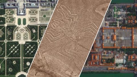 A split image of three aerial images of different landmarks from around the world.