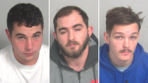 A composite image of Oliver Alves, Samet Eskisan and Finley Postill. All have been pictured in police custody. Alves has dark hair and is wearing a white T-shirt. Eskisan has dark hair, a beard and is wearing a grey hoodie. Postill has brown hair, a moustache and is wearing a blue hoodie.