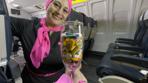 Chloe Jacquet is dressed as an airline cabin crew, with a black dress, pink scarf and pink turban. She is crouching by a seat and is holding a champagne flute with a cocktail of pills to the camera.