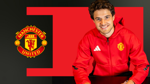An image of goalkeeper Senne Lammens signing a contract as he is announced as a Manchester United player