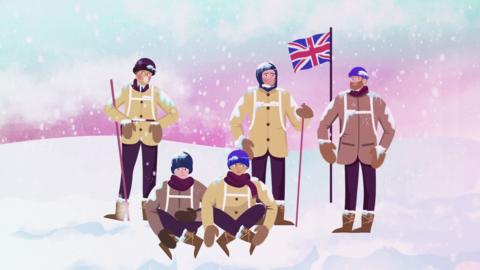 Illustration of Robert Falcon Scott's journey to the South Pole. 5 men dressed in fur coats/boots/hats/gloves standing in snow and holding a Union Jack flag. 