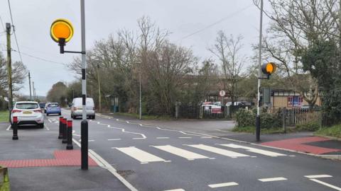 A zebra crossing on a two-way road outside a school.