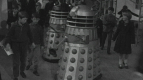 Daleks surrounded by children, at BBC Open Week in Cardiff