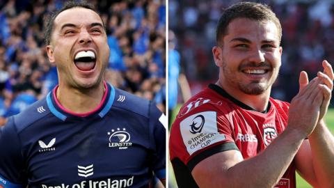 Leinster's James Lowe celebrates a try while Toulouse captain Antoine Dupont applauds the fans