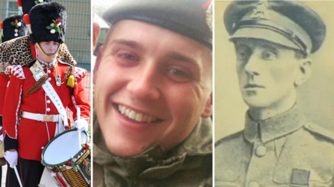 A composite of three soldiers. The first image shows Fusilier Lee Rigby in his red and black uniform, playing a drum. Next to him is a photo of Lance Corp Scott Hetherington smiling. He is wearing a green beret and uniform. The final photo is a black and white image of Corp Joel Halliwell in his military cap and uniform.