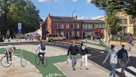 An artist's impression of what Bedford's St Paul's Square will look like following improvement works. A pedestrianised area sits in front of several existing buildings as people walk nearby.