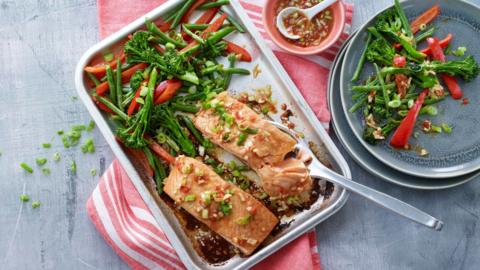 Salmon traybake with soy, chilli and lime

