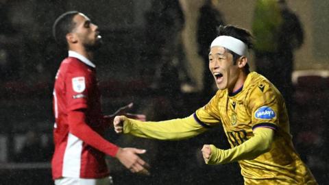 Yuki Ohashi celebrates giving Blackburn the lead at Bristol City
