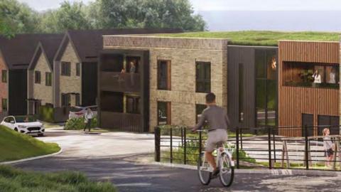 A illustration of plans for the housing development for an area in Torquay. There is a person cycling in the centre and buildings/houses in the background. 