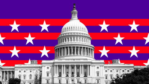 Graphic of US Capitol building in front of red and purple striped design