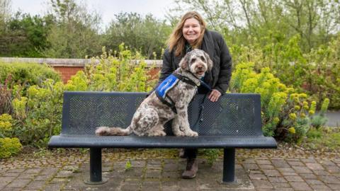 Anne Herbert is standing behind a park bench. Her support dog Rafa is sitting in front of her on the bench. He is a labradoodle cross with grey and black markings.