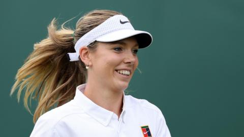 Katie Boulter laughs during Wimbledon practice