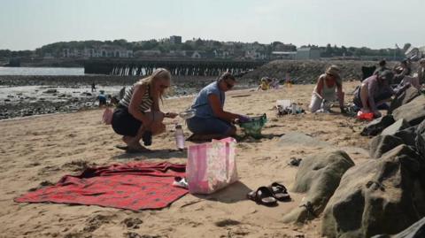 Groups of volunteers are on a beach. A woman is using a kitchen sieve to filter sand for small plastic pellets, known as nurdles. Next to her, a woman uses what looks like a large basket to filter nurdles from seaweed. Behind them, a pier juts into the sea and houses line the edge of the coast.