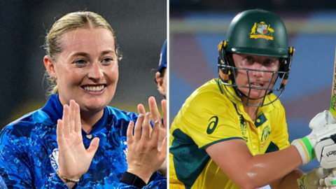 England's Sophie Ecclestone and Australia's Alyssa Healy 