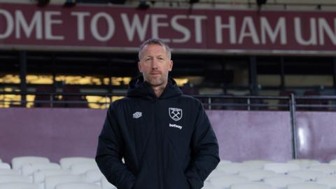 Graham Potter looks on from stands in London Stadium