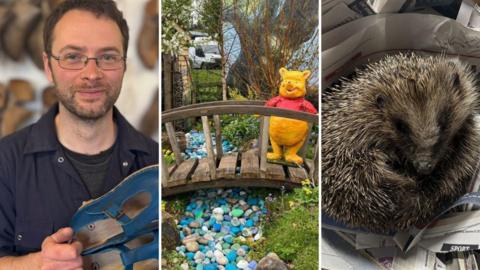 Three photos in a line: one of a man holding a pair of clogs, one of a garden with a river made of blue pebbles and a model of Winnie the Pooh, and one of a sleeping hedgehog on some newspaper.