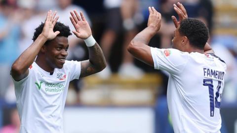 Thierry Gale of Bolton Wanderers celebrates scoring his teams second goal with teammate Akin Famewo during the Sky Bet Championship 2026-27 match between Bolton Wanderers and Preston North End