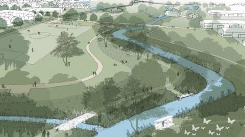 An artist's impression of the country park which is part of the plans for 1,700 new homes outside Frome. The drawing includes a football pitch and footpath alongside a river. In the background are the planned houses.