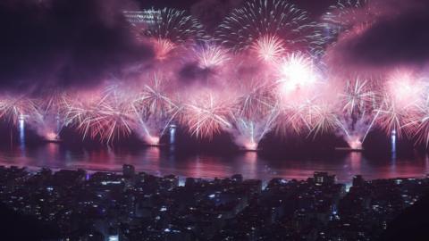 Fireworks explode over Copacabana beach to celebrate the New Year in Rio de Janeiro, Brazil