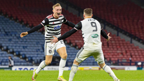 Queen's Park's Liam McLeish celebrates scoring to make it 2-0 during a cinch Championship match between Queen's Park and Airdrieonians at Hampden Park