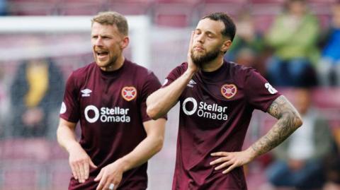Hearts duo Jorge Grant and Stephen Kingsley following last weekend's defeat to Dundee
