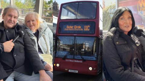 On the left a man wearing a grey winter coat, the woman has blonde hair and a grey coat. they are sitting on a bus with a microphone held in front of them. middle picture is of a red number 11 bus in birmingham. the final picture is of a lady, black hair and coat talking into a microphone.