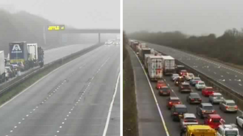 A collage of two images of standstill traffic on the M6 in Warwickshire