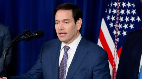 US Secretary of State Marco Rubio speaks during a news conference at Mar-a-Lago