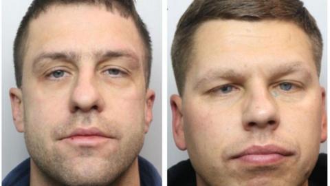 Custody images of Vytautas Ceponis and Eidmantas Sadauskas who both have short dark hair and are unshaven in the images.