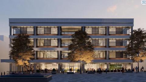 Artist's impression of what the frontage of the former Cole Brothers/John Lewis store in Sheffield city centre could look like, with trees and people t Barker's Pool in front