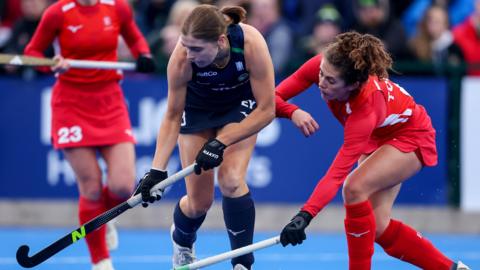 Katie Mullan on her 250th appearance for Ireland battles England’s Anna Toman