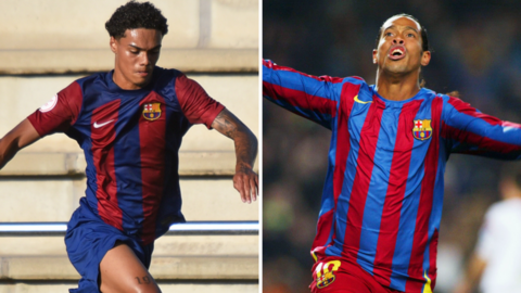 Joao Mendes (left) in action for Barcelona's youth team and Ronaldinho (right) after scoring a goal for Barcelona in 2006