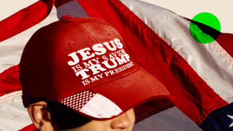 Montage image showing a boy standing in front of a US flag wearing a red baseball baseball cap bearing the words: Jesus is my savior, Trump is my president