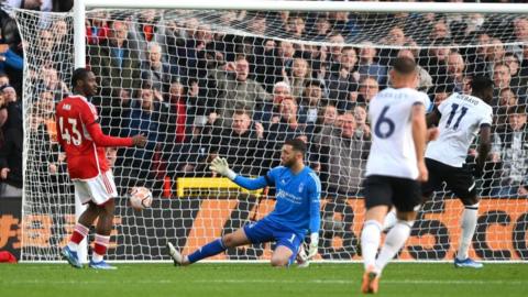 Elijah Adebayo scores Luton's equaliser against Nottingham Forest in October 2023 