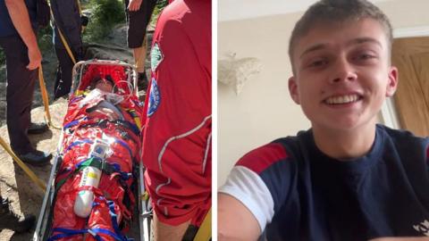 Composite image showing a young man smiling at the camera in one half of the screen. The other half features him in a stretcher surrounded by people about to lift it.