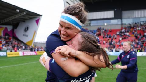 Scotland's Rachel Malcolm and Rachel McLauchlan celebrate the win over Wales