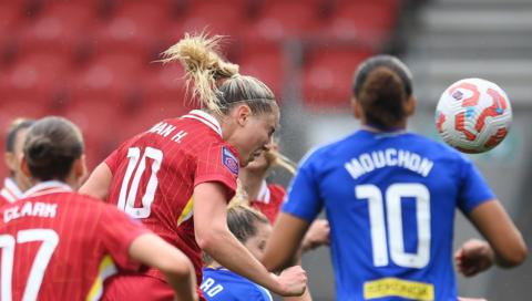 Sophie Roman Haug heads in Liverpool's goal against Leicester in the WSL