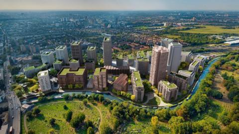 An aerial CGI view of a proposed housing development beside the Grand Union Canal in west London, showing multiple high-rise blocks with green rooftops next to Kensal Green Cemetery and the surrounding cityscape.