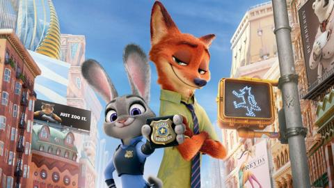 A cartoon hare and fox wearing clothes and holding a police badge  with a city in the background.