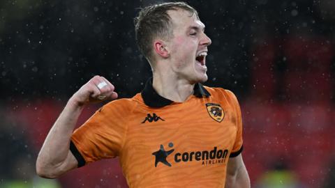 Matty Jacob celebrating Hull City's 3-0 win at Sheffield United last season